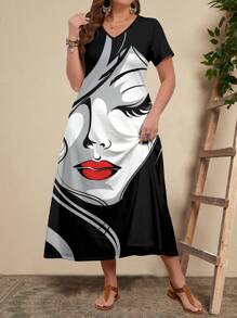 EMERY ROSE Sommer Ölgemälde Portrait Muster V-Ausschnitt Kurzarm Große Größen Frauenkleid, lässig und locker, bis zur Mitte der Wade