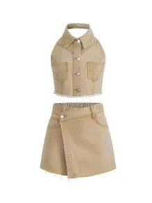 SHEIN Tween Girls Fashionable Sleeveless Top And Shorts Denim Set, Casual