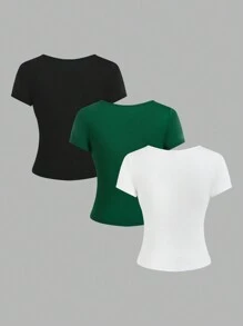 SHEIN EZwear Camiseta de verano para mujer con cuello de muesca y pliegues con unicolor, conjunto de 3 - Verde Oscuro - Ver 2