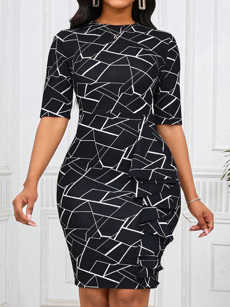 black and white geometric dress 70s Retro Vintage Style Geometric Design Black And White Geometric A-Line Dress by tonymagnerart