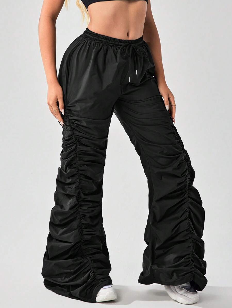 SHEIN SXY Women's Front Tie Leg Ruched Pants - Black - View 1