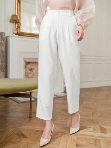 DAZY 女士商务休闲纯色口袋通勤裤，女士正装裤 - 白色 - 查看 4