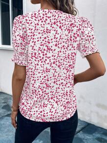 SHEIN LUNE 全印花凹口領泡泡袖上衣 - 玫紅色 - 查看 2