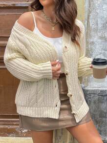 Celure Plus Cable Knit Drop Shoulder Cardigan - Apricot - View 6