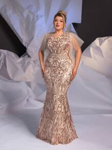 Glamrae Váy dạ hội sang trọng, cao cấp, nặng, sang trọng, kiểu dáng đuôi cá, cỡ lớn, họa tiết hoàng gia màu vàng sâm panh, lưới xếp nếp trong suốt, váy dự tiệc cưới trang trọng, váy tốt nghiệp, váy dự tiệc tối - Vàng - Xem 6