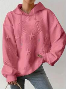 Plus Women's Solid Star Embossed Drop Shoulder Sleeve Drawstring Hooded Pullover Sweatshirt - Pink - View 1