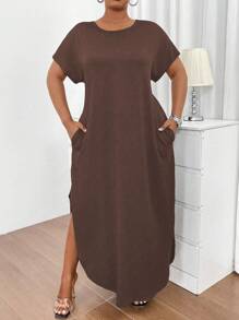 EMERY ROSE Plus Solid Split Hem Slant Pocket Tee Dress Maxi Women Outfit - Brown - View 7