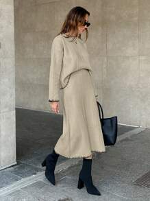 EURMUSE Women Solid Color Rib Knit Handmade Stitch Detailed Sweater & Sweater Skirt Set - Beige - View 1