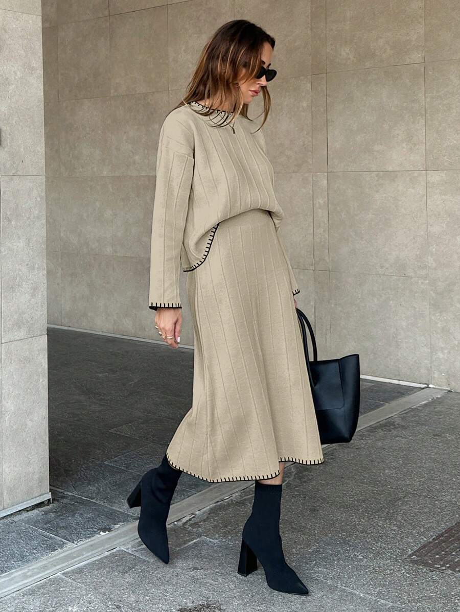EURMUSE Women Solid Color Rib Knit Handmade Stitch Detailed Sweater & Sweater Skirt Set - Beige - View 1