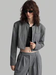 Ontre 女士灰色条纹棒球领短款夹克，秋季休闲外套 - 灰色 - 查看 4