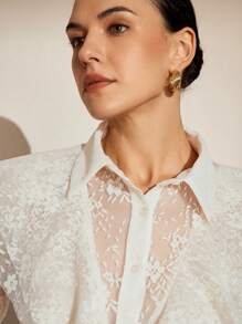 Aveloria Rosie Women's Exquisite Elegant Mesh Embroidered Ruffle Edge Perspecive Spliced Long Sleeve Blouse - Apricot - View 6