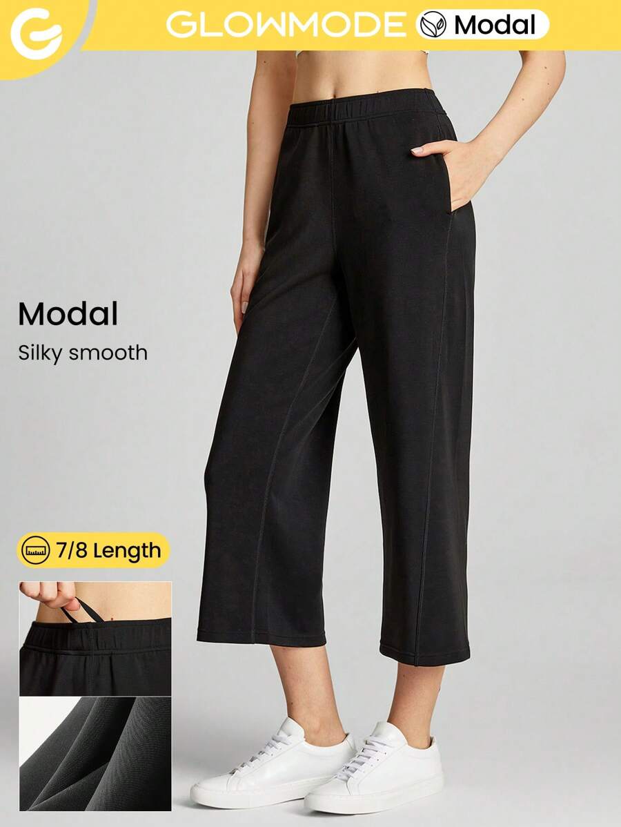 GLOWMODE Modal Wide-Leg 3/4 Pants Drawstring Pocket Daily Casual Fall - Black - View 1