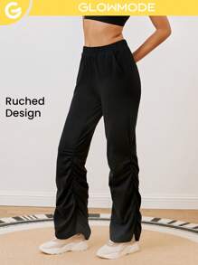 GLOWMODE Soft Thin Terry Ruched Low Rise Flare Pant With Pocket - Black - View 1