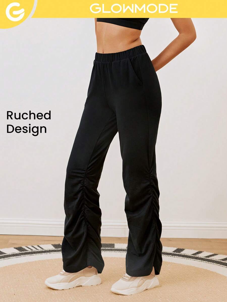 GLOWMODE Soft Thin Terry Ruched Low Rise Flare Pant With Pocket - Black - View 1