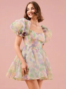 Enchnt Colorful Tie-Dye Puff Sleeve Dress