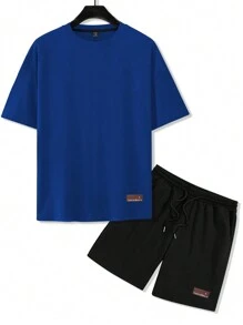 Manfinity Homme 男士青春街头风格运动短袖 T 恤和短裤套装，适合音乐节和日常穿着，送给男朋友或丈夫的礼物，体现街头服饰和 Y2K 风格，男士两件套服装，男士印花短袖上衣和短裤套装，舒适服装 - 彩色 - 查看 3
