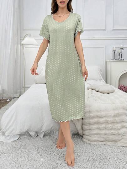 Round Neck Polka Dot Lettuce Pajama Nightdress Long Dress view 6