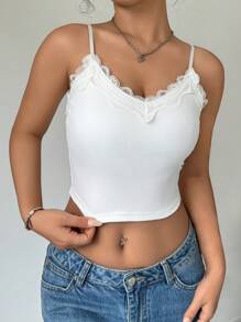 Chiquease Lace Patchwork Camisole With Solid Color Spaghetti Strap And Cup