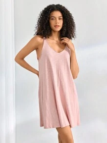 Ocili 夏季假日休闲纯色V领睡裙，Moo Moo睡衣 - 粉色 - 查看 5