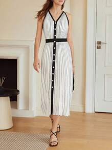 MOTF PREMIUM STRIPED CONTRAST PIPING SLEEVELESS DRESS - Black and White - View 7