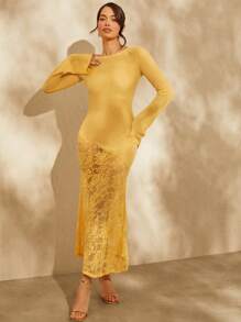 L'Amorae Buttery Yellow Lace Up Back Sheer Lace Long Sleeve Maxi Dress