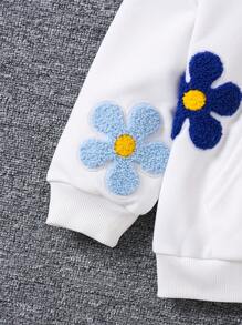 Young Girl Cute Floral Patched Pocket Drop Shoulder Drawstring Sweatshirt,In Fall/Winter - White - View 5