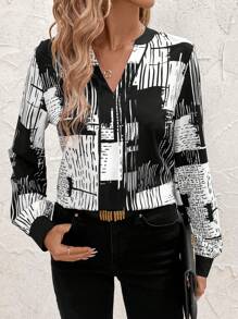 SHEIN Clasi 黑白印花長袖通勤襯衫 - 黑與白 - 查看 1