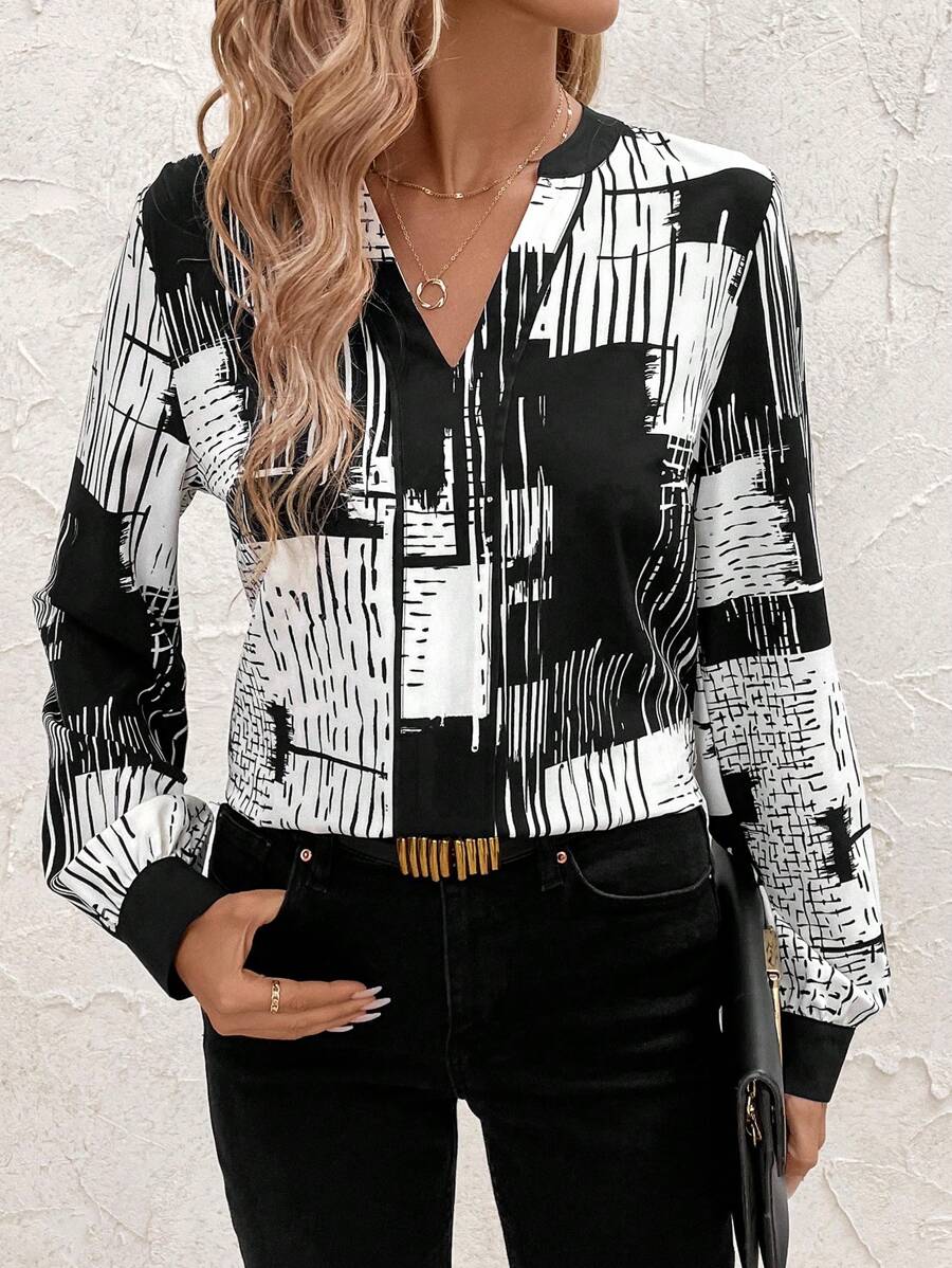 SHEIN Clasi 黑白印花長袖通勤襯衫 - 黑與白 - 查看 1