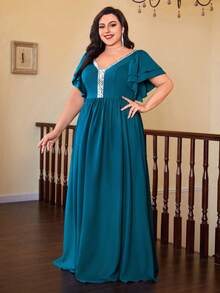 Magicy V-Neck Double-Layer Flared Sequin Puff Sleeve Ribbon Dress - Blue - View 3