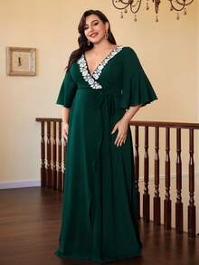 Asymmetrical Hem Cross Over Lace Contrast V-Neck Flare Long Sleeve Dress With Ruffle Enhancement - Dark Green - View 4