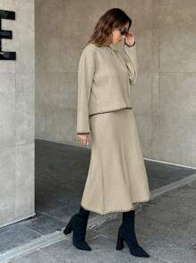 EURMUSE Women Solid Color Rib Knit Handmade Stitch Detailed Sweater & Sweater Skirt Set - Beige - View 5