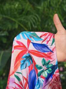 Slaydiva Casual Vacation One-Shoulder Nine-Quarter Sleeve Loose Top And Tight Shorts With Full Branch Print Women's Two-Piece Set-C - Multicolor - View 7