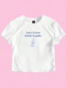 Flirla 大码女式夏季休闲圆领短袖 T 恤带口号印花图案 T 恤女式上衣 - 白色 - 查看 3