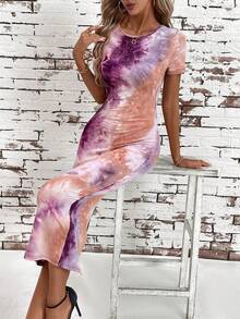 SHEIN Clasi Vestido turquesa elegante de mujer con corte ajustado y diseño abstracto impreso - Morado - Ver 3