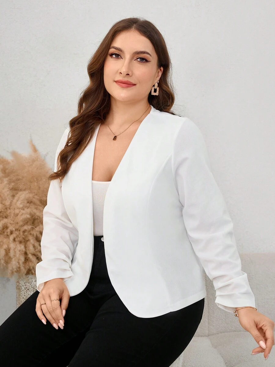 SHEIN Clasi 大码女式纯色简约日常长袖夹克，商务休闲女装 - 白色 - 查看 1