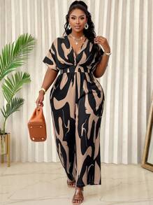 BIUBIU 大码女式优雅深V领蝙蝠袖收腰阔腿连体裤，休闲假日时尚长款连体裤，随机图案