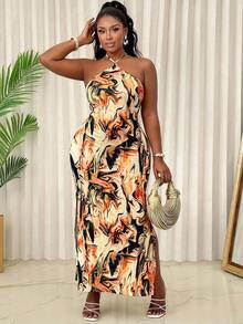 Plus Size Colorful Sexy Double Slit Dress (Random Print) - Apricot - View 5