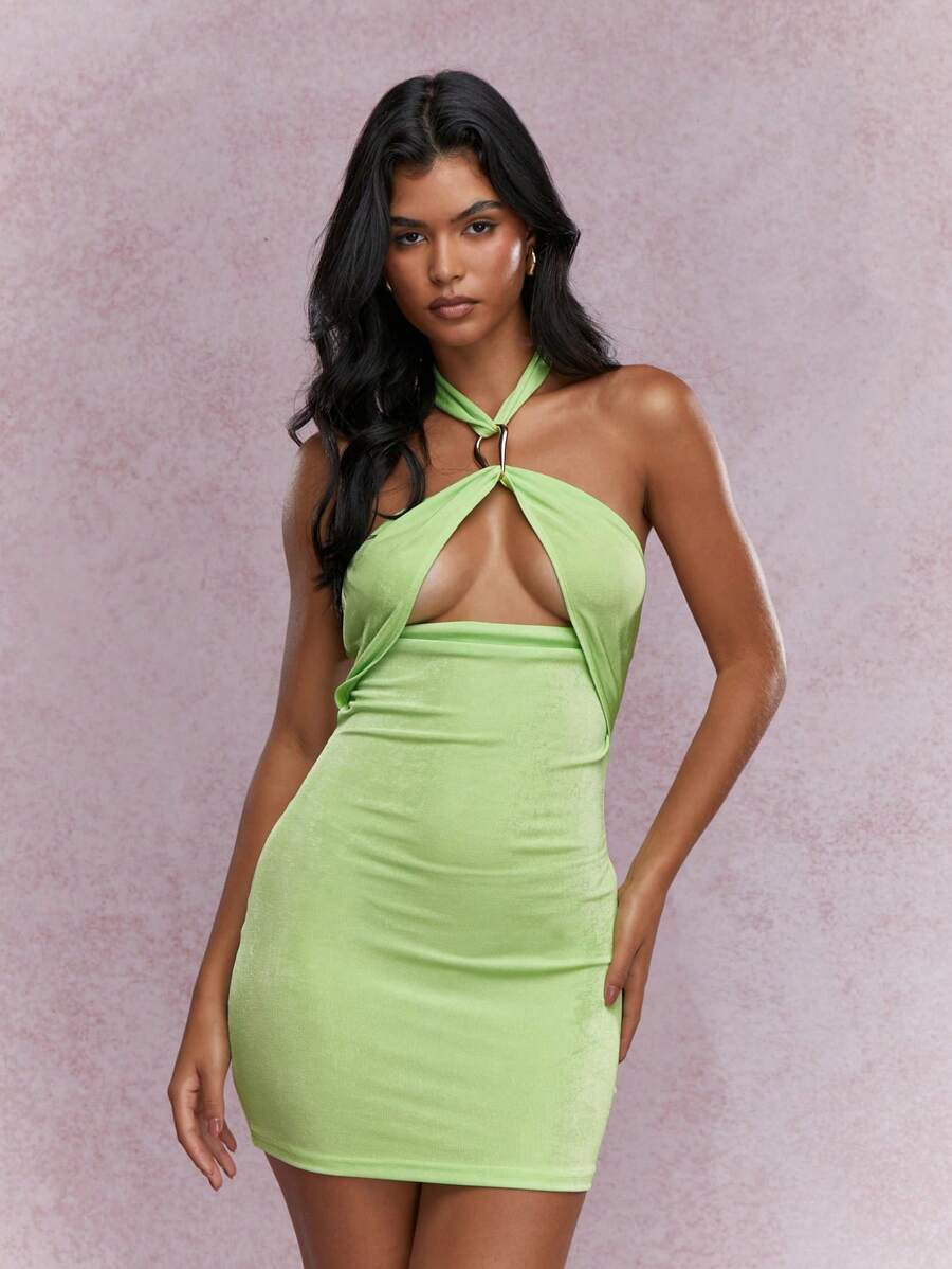 MISSGUIDED Metal Detail Halter Neck Cut-Out Front Backless Bodycon Mini  Dress ChristmasMISSGUIDED
