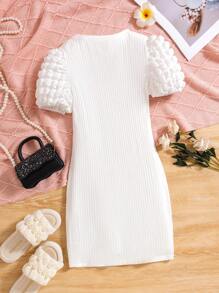 SHEIN Tween Girls' Knitted Solid Color Round Neck Patchwork Woven Bubble Sleeve Fitted Casual Dress