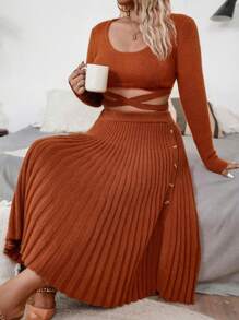 SHEIN Unity Plus Size Fashionable Ribbed Top & Split Skirt Knitwear Set, Fall Two Pieces Outfit - Brown - View 4