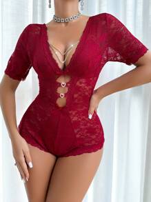 Women's Deep V-Neck Lace Romper With Chain Design And Sheer Elements, With Shorts - Burgundy - View 4