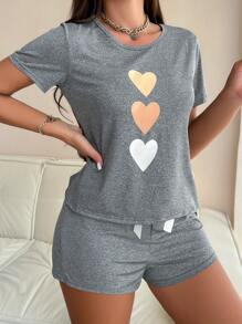 Conjunto de pijama de 3 piezas con mangas cortas y diseño de corazones