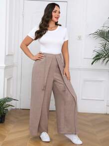 Mulvari Urlaubshose für Damen Große Größen, einfarbig mit Patchwork Quasten, weites Bein und lockerer Passform - Kamelfarben - Übersicht 3