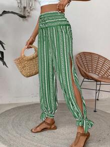 EMERY ROSE Quần dài giản dị hàng ngày in họa tiết cổ điển xẻ cao tối giản dành cho nữ - màu xanh lá - Xem 1