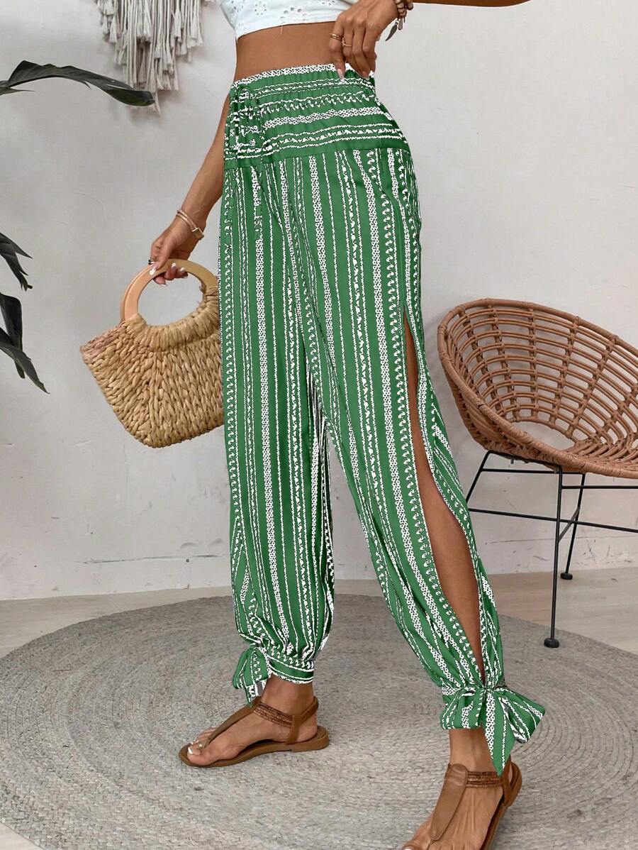 EMERY ROSE Quần dài giản dị hàng ngày in họa tiết cổ điển xẻ cao tối giản dành cho nữ - màu xanh lá - Xem 1