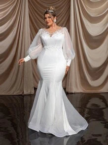 SHEIN Belle Plus Size White Luxury 3D Handmade Beaded Lace Applique Wedding Dress Bridal With Elegant Fish Tail And Long Train Long Sleeve Dress