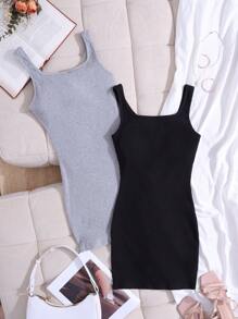 SHEIN 2 peças Vestido de Tubinho de Cor Sólida de Malha para Adolescentes com Almofada de Peito Removível