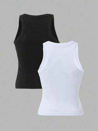 RueChic 2 Stücke Damen-Tank Top aus einfarbiger, gerippter Baumwolle mit Rundhalsausschnitt