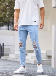 Manfinity Homme Men's Light Blue Washed Casual Slim Fit Jeans With Distressed Details - Light Wash - View 3