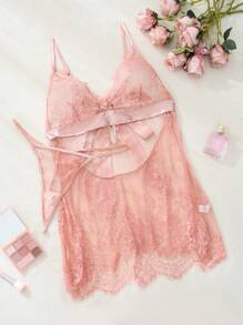 PetitDoll Conjunto de camisón sexy de encaje transparente de talla grande - Rosa - Ver 1